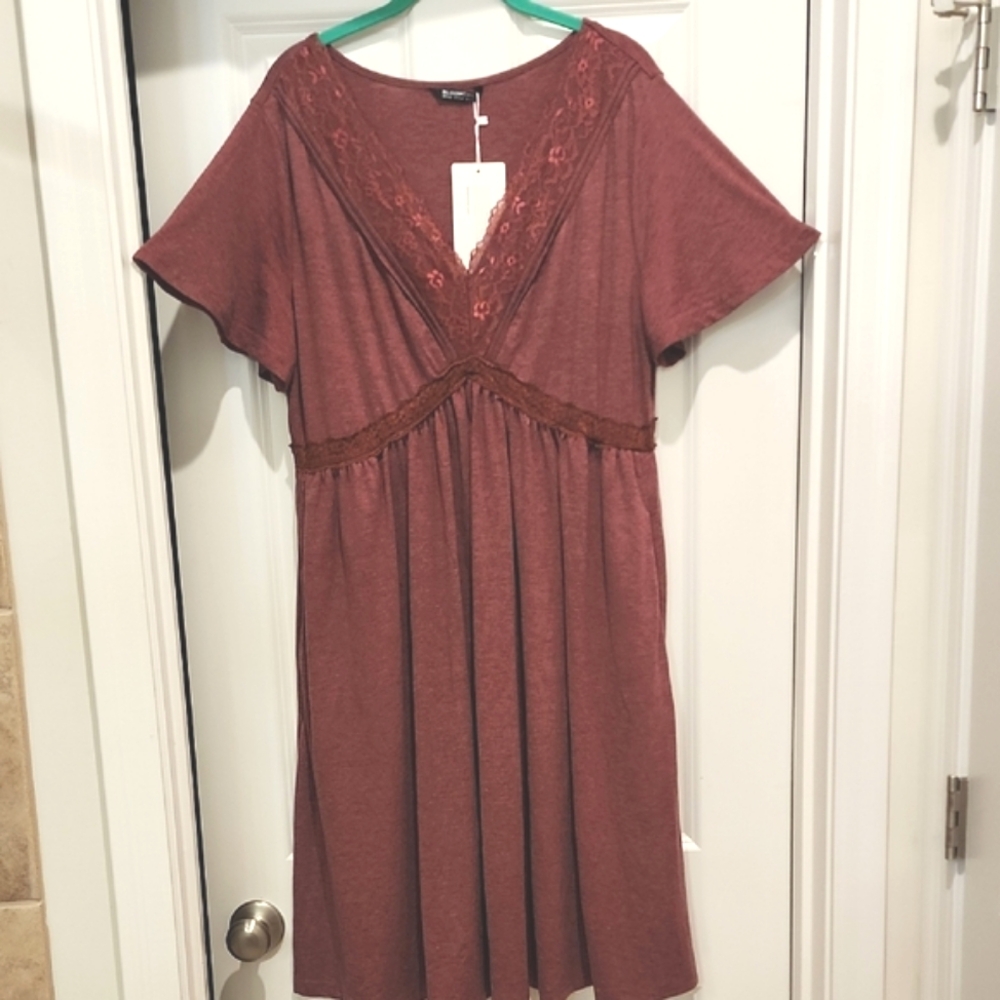 NEW Bloomchic Burgundy Lace Trim Tee Shirt Dress 1x